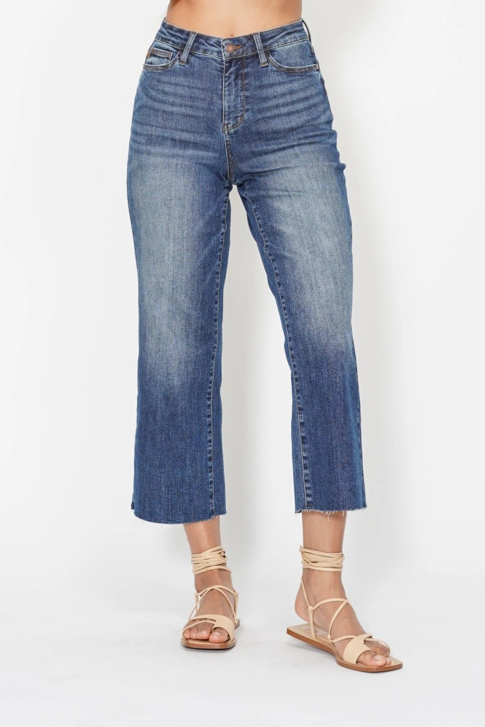 Judy Blue High Waist Back Pocket Embroidery Crop Wide Jeans - Modanista Fashion