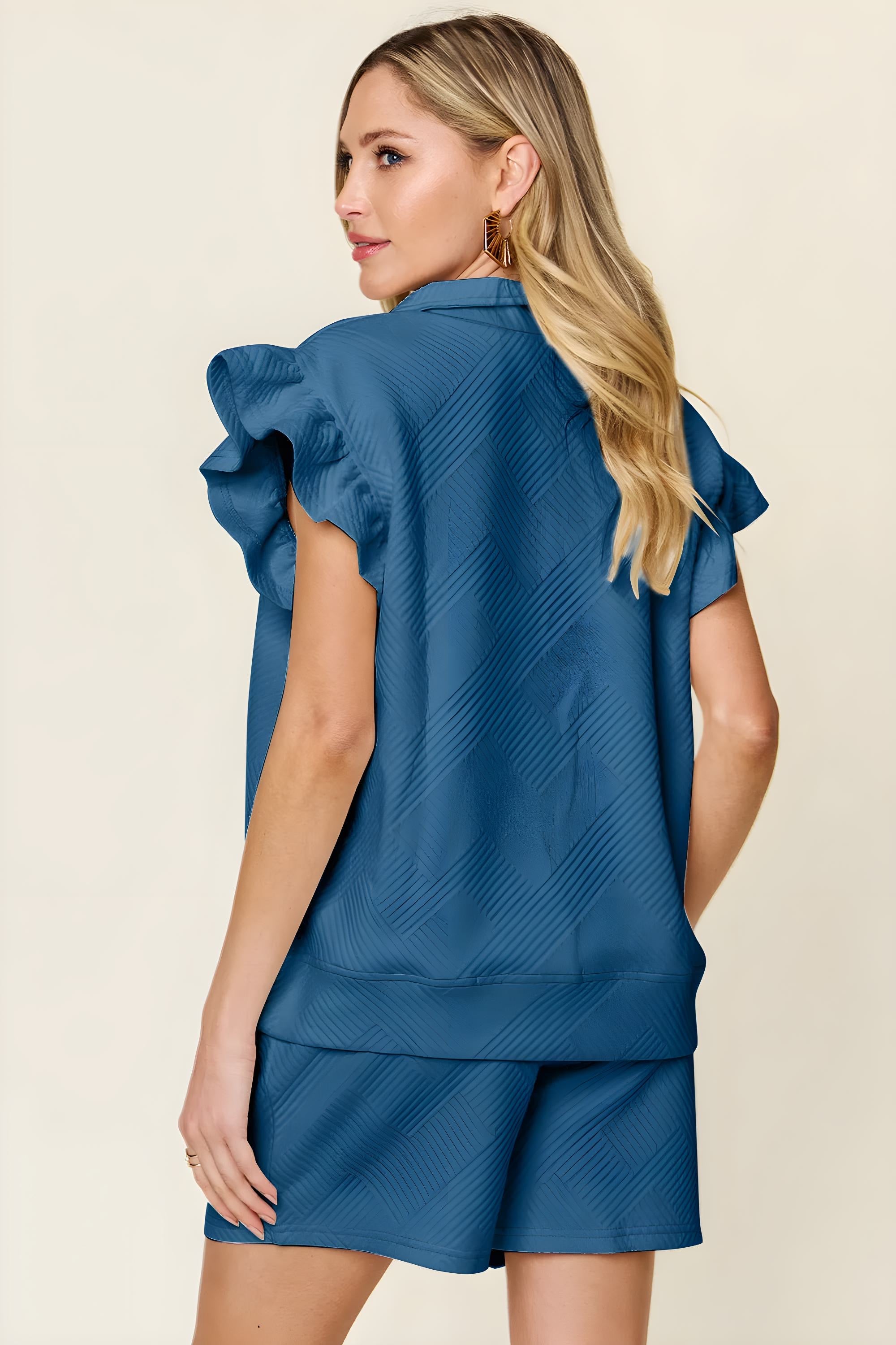 Full-Size Textured Flounce Sleeve Top & Drawstring Shorts Set