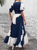 Tištěné knoflíky dolů po půl rukávu maxi košile šaty