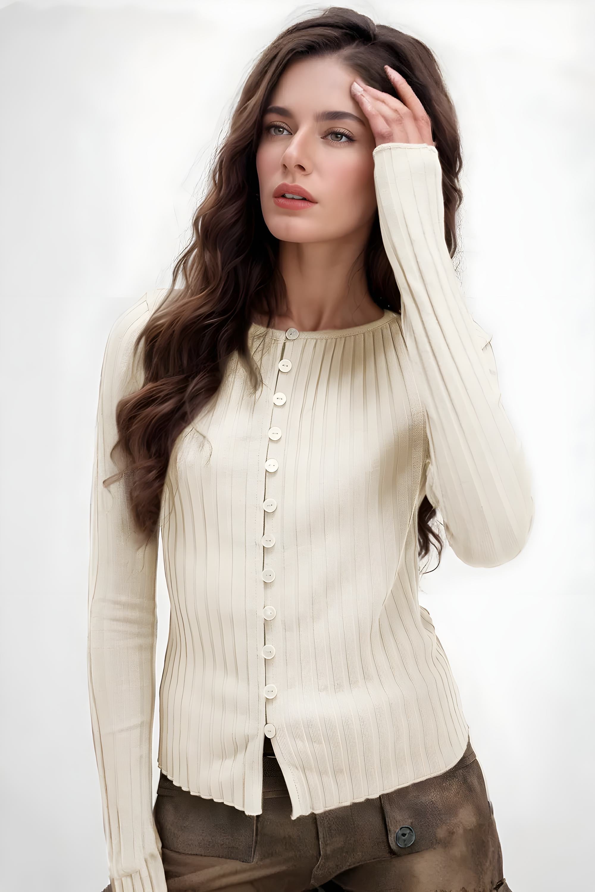 Textured Button-Up Round Neck Long Sleeve Top for Women