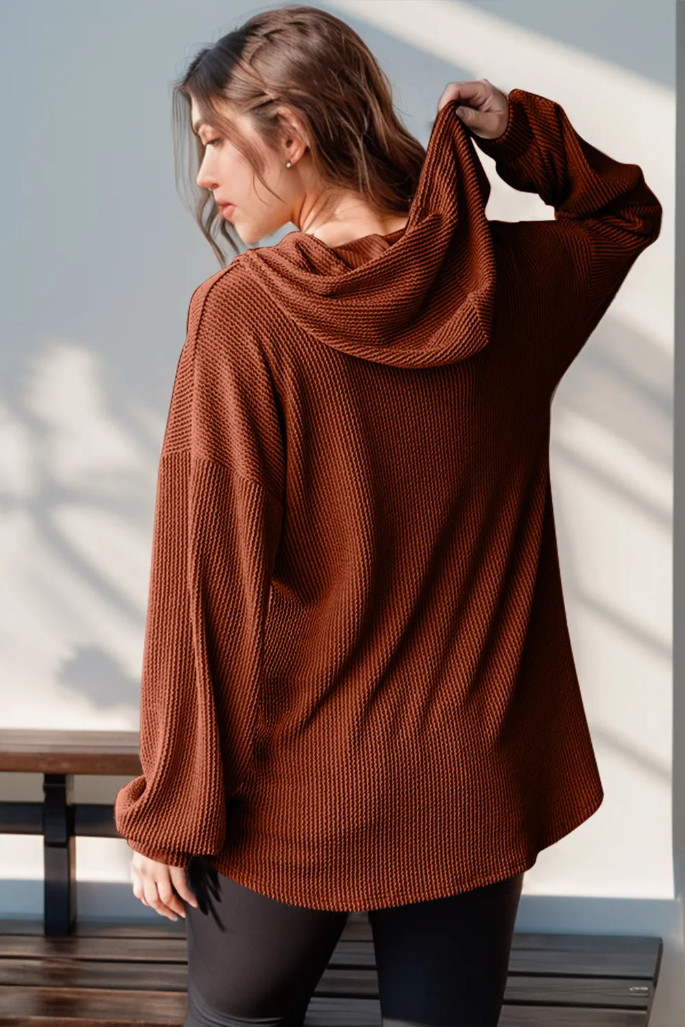 Double Take Full Size Half Button Long Sleeve Hoodie - Modanista Fashion