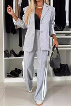 Full Size Contrast Lapel Collar Top and Pants Set - Modanista Fashion