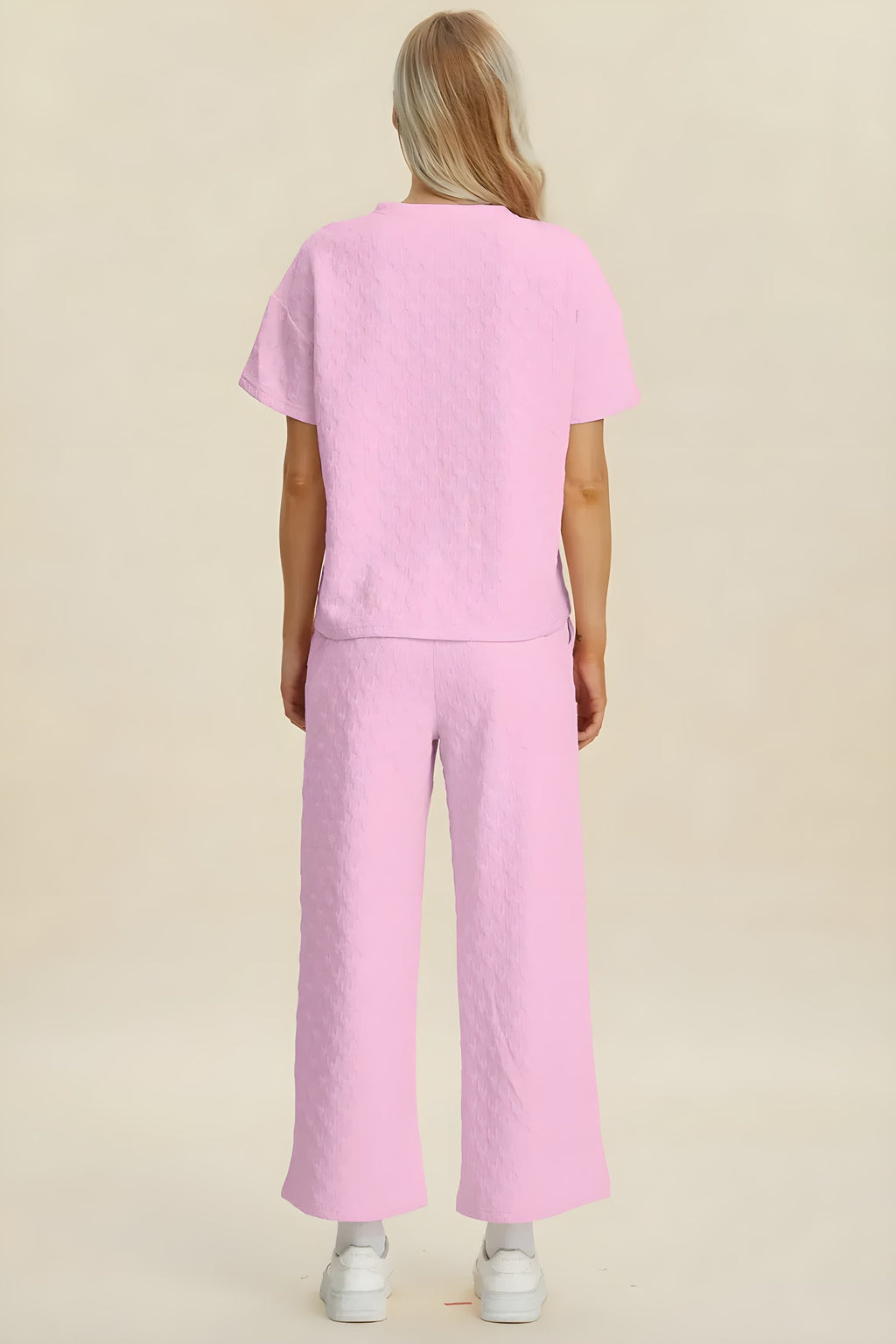 Double Take Full Size Texture Round Neck Short Sleeve Top and Pants Set