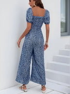 Tryckt fyrkantig nacke puffhylsa jumpsuit