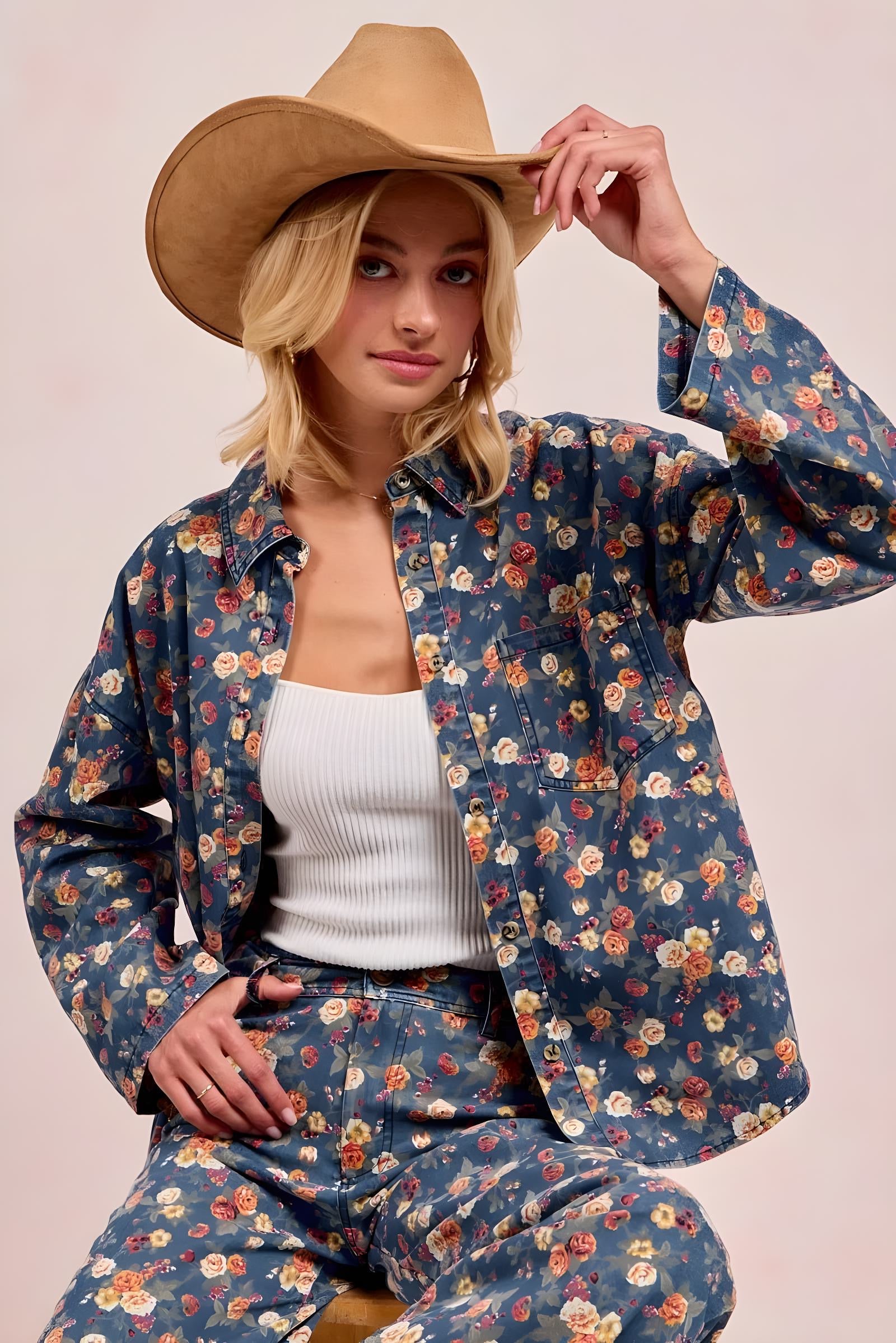 BiBi Washed Floral Print Denim Jacket for Women