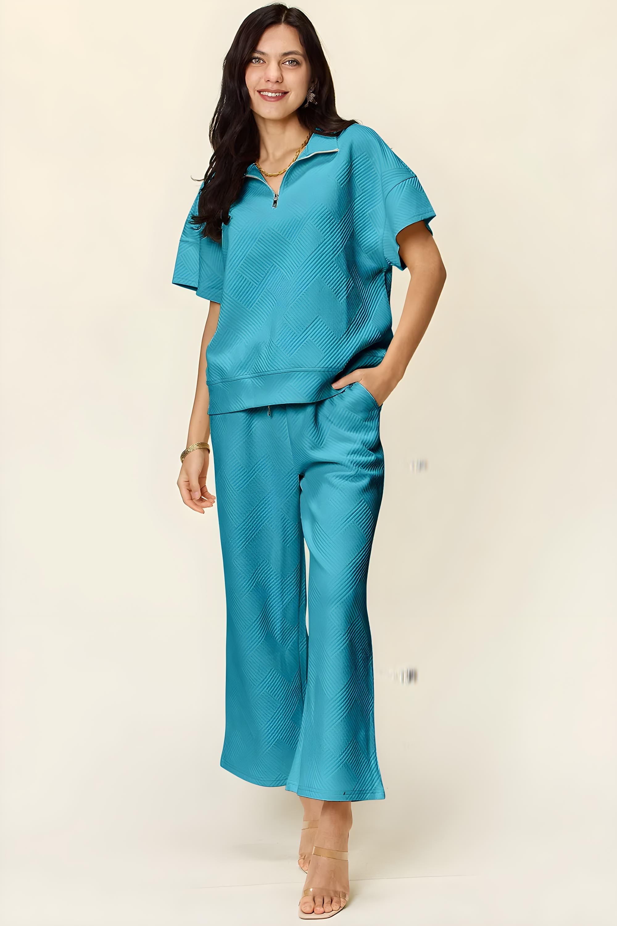 Dobbelt ta full størrelse tekstur halv glidelås korte ermet topp og bukser sett