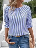 Striped Round Neck Half Sleeve Casual Blouse for Women