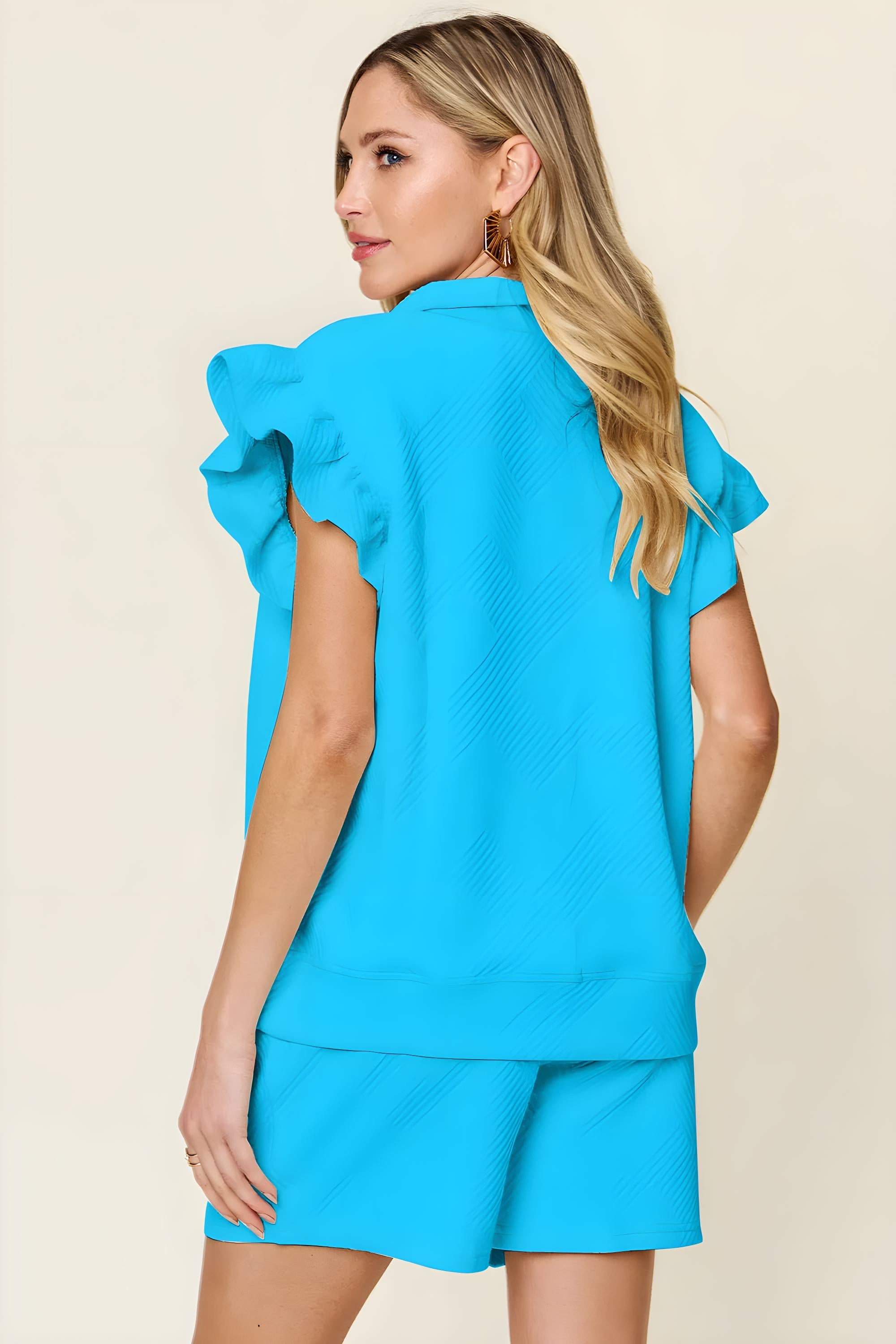 Full-Size Textured Flounce Sleeve Top & Drawstring Shorts Set