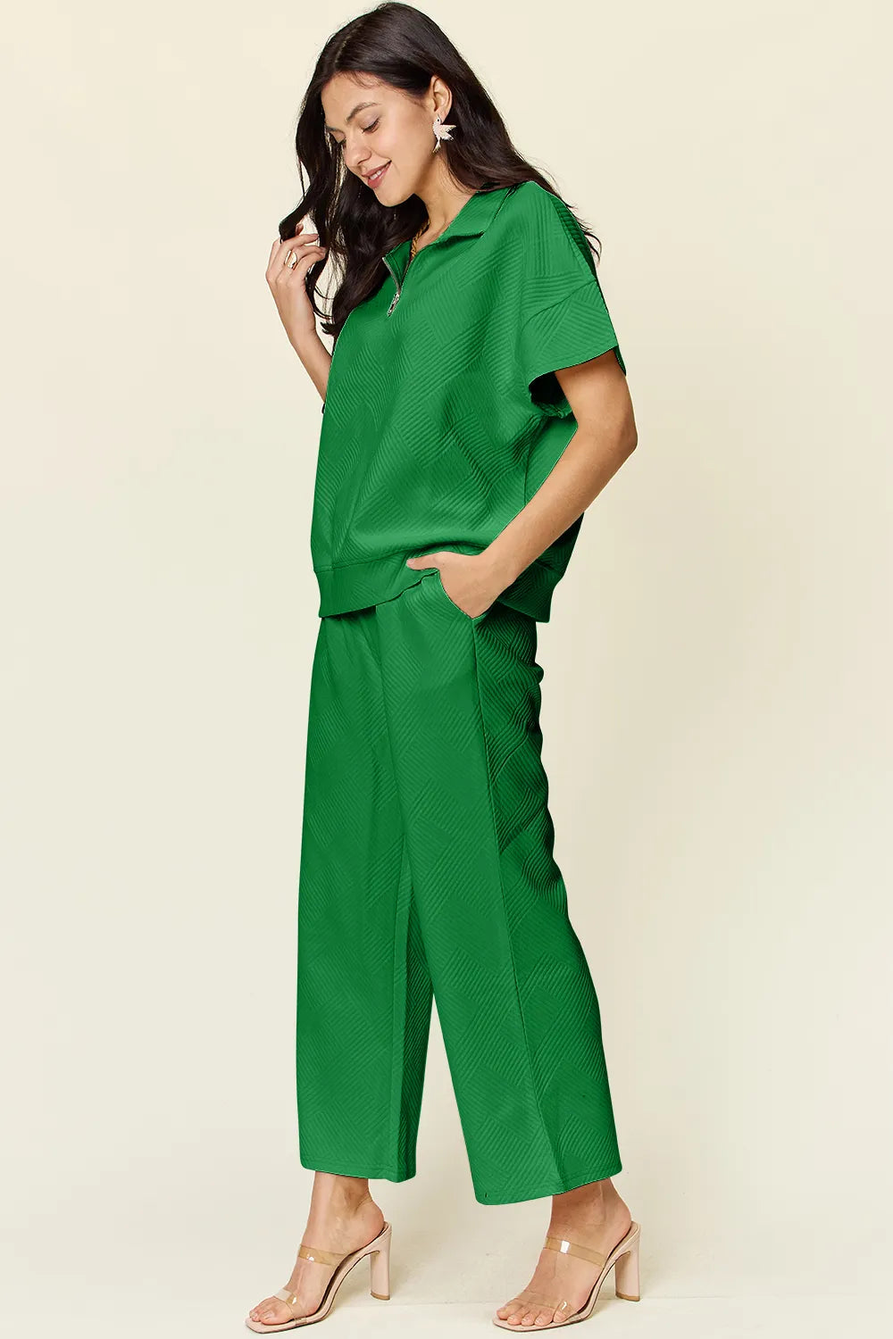 Double Take Full Size Texture Half Zip Short Sleeve Top and Pants Set - Modanista Fashion