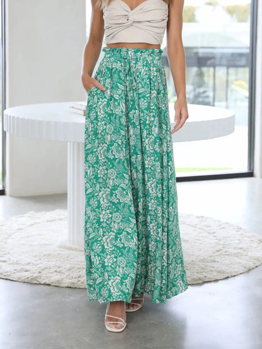 Drawstring Paperbag Waist Printed Wide Leg Pants - Modanista Fashion