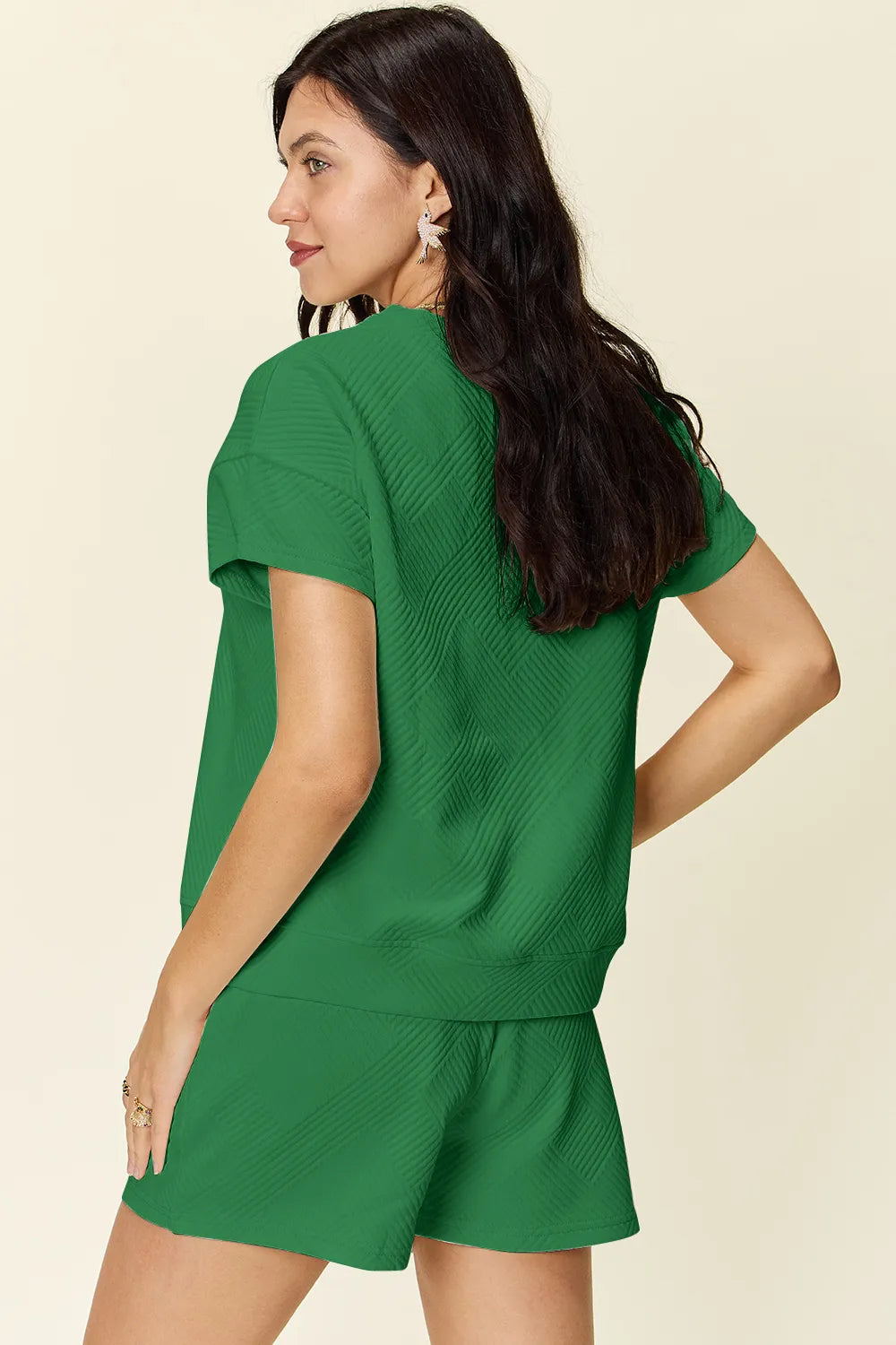 Double Take Full Size Texture Short Sleeve T-Shirt and Drawstring Shorts Set - Modanista Fashion