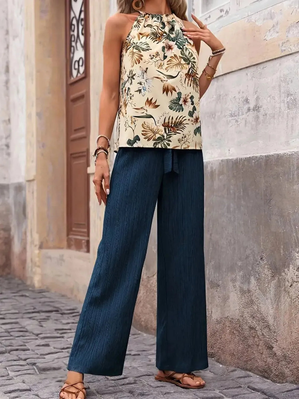 Printed Tank Top and Wide Leg Pants Set - Modanista Fashion
