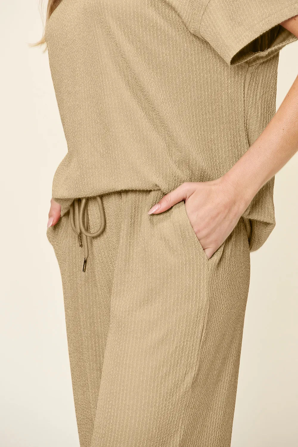 Double Take Full Size Texture Round Neck Short Sleeve T-Shirt and Wide Leg Pants - Modanista Fashion