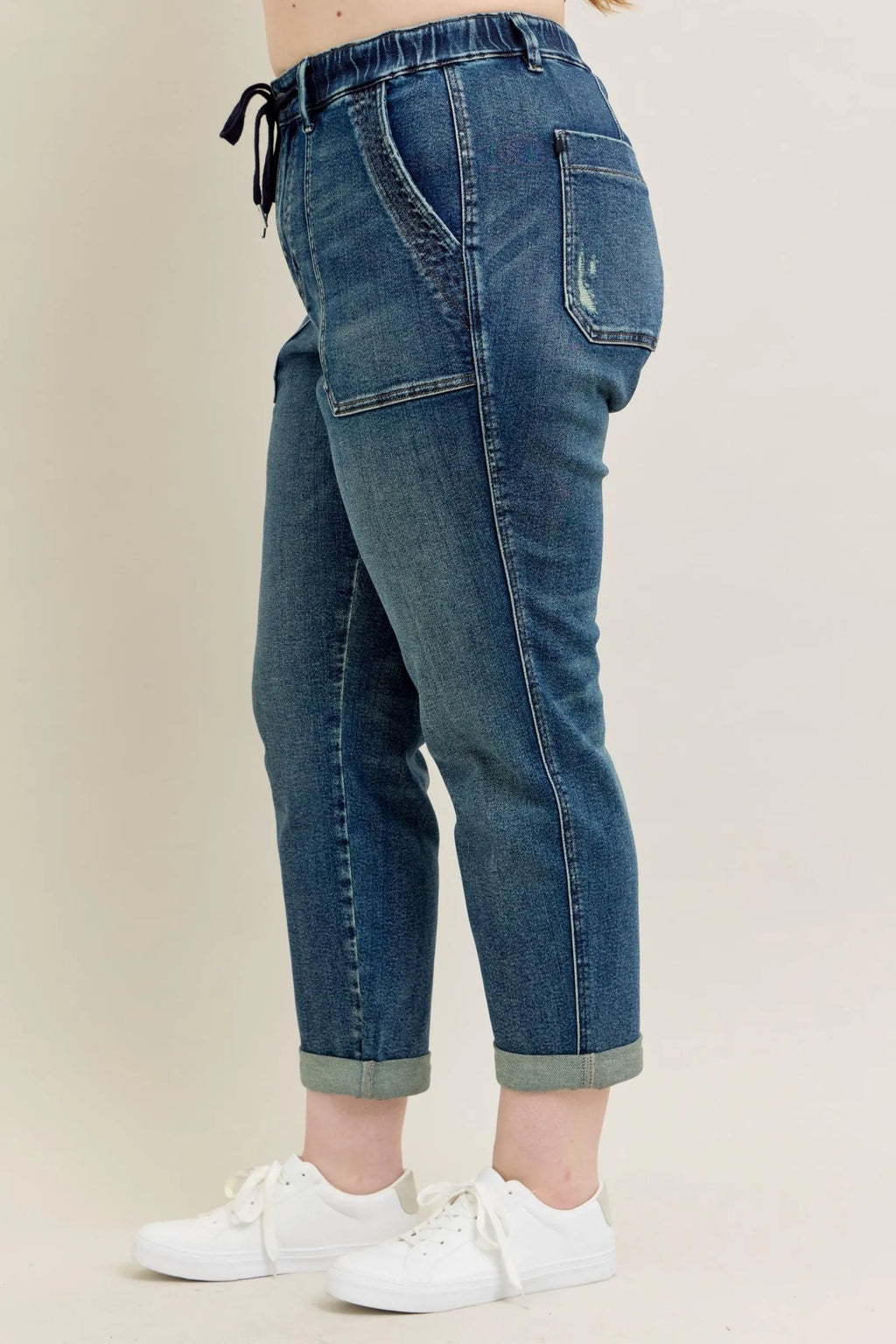 Judy Blue Full Size HW Vintage Wash Jeans w/ Drawstring Plus Size - Modanista Fashion