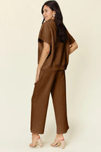 Double Take Full Size Texture Half Zip Short Sleeve Top and Pants Set - Modanista Fashion