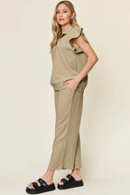 Double Take Texture Ruffle Short Sleeve Top and Drawstring Wide Leg Pants Set - Modanista Fashion