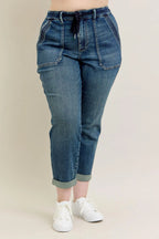 Judy Blue Full Size HW Vintage Wash Jeans w/ Drawstring Plus Size - Modanista Fashion