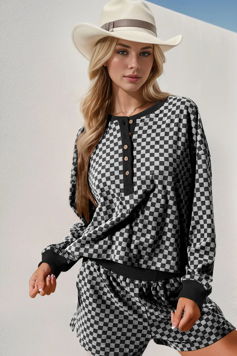 Double Take Checkered Half Button Top and Shorts Set - Modanista Fashion