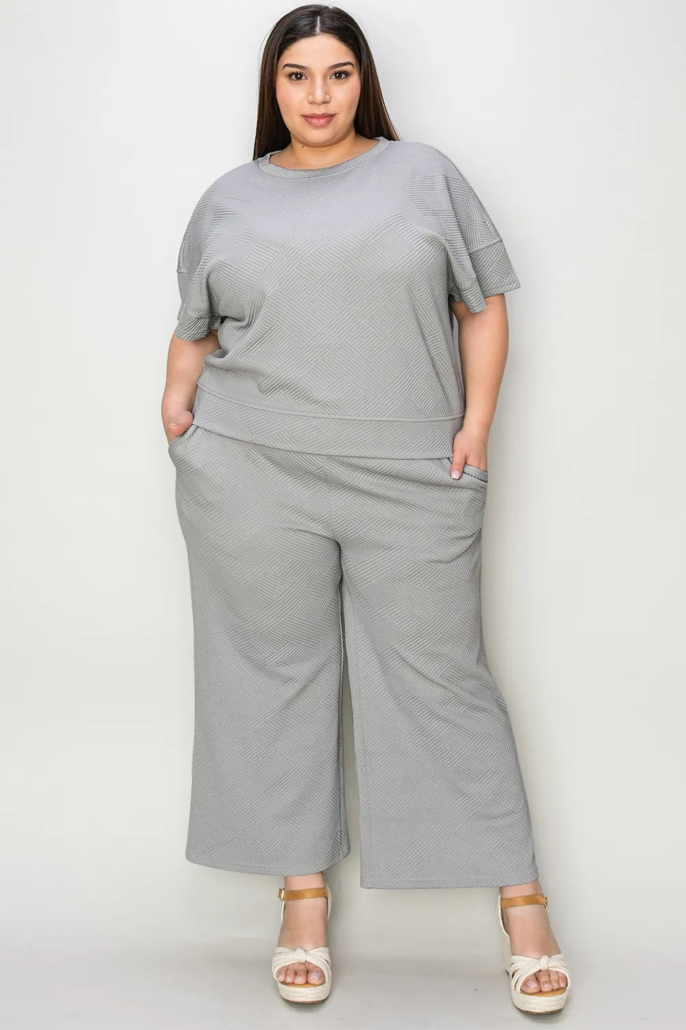 Double Take Full Size Texture Short Sleeve Top and Pants Set - Modanista Fashion