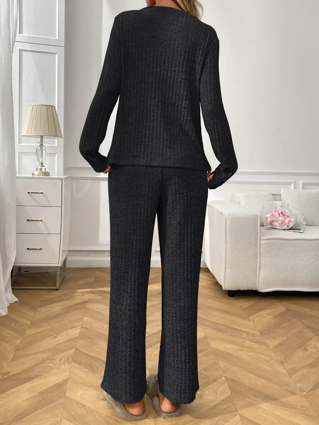 Ribbed Long Sleeve Top and Pants Lounge Set - Modanista Fashion