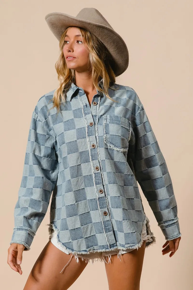 BiBi Frayed Edged Detail Washed Checker Denim Shirt - Modanista Fashion