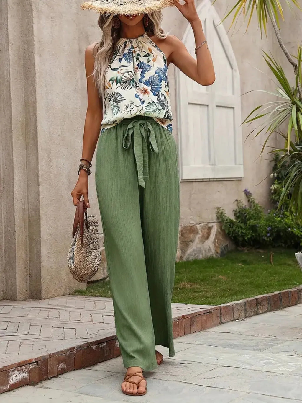 Printed Tank Top and Wide Leg Pants Set - Modanista Fashion