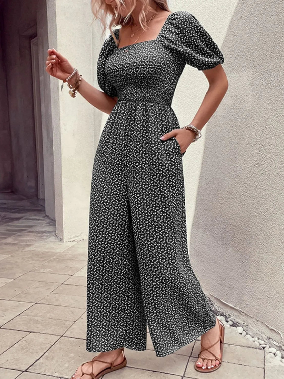 Printed Square Neck Puff Sleeve Jumpsuit - Modanista Fashion