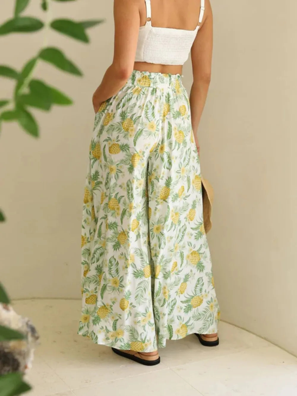 Drawstring Paperbag Waist Printed Wide Leg Pants - Modanista Fashion