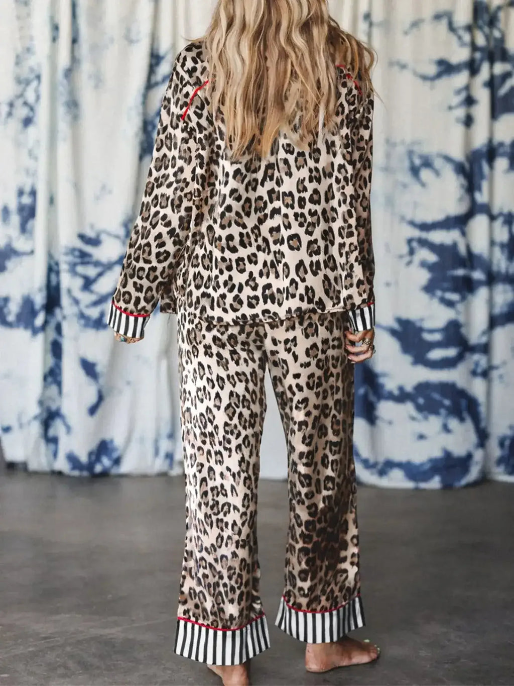 Leopard and Striped Trim Shirt and Pants Set - Modanista Fashion