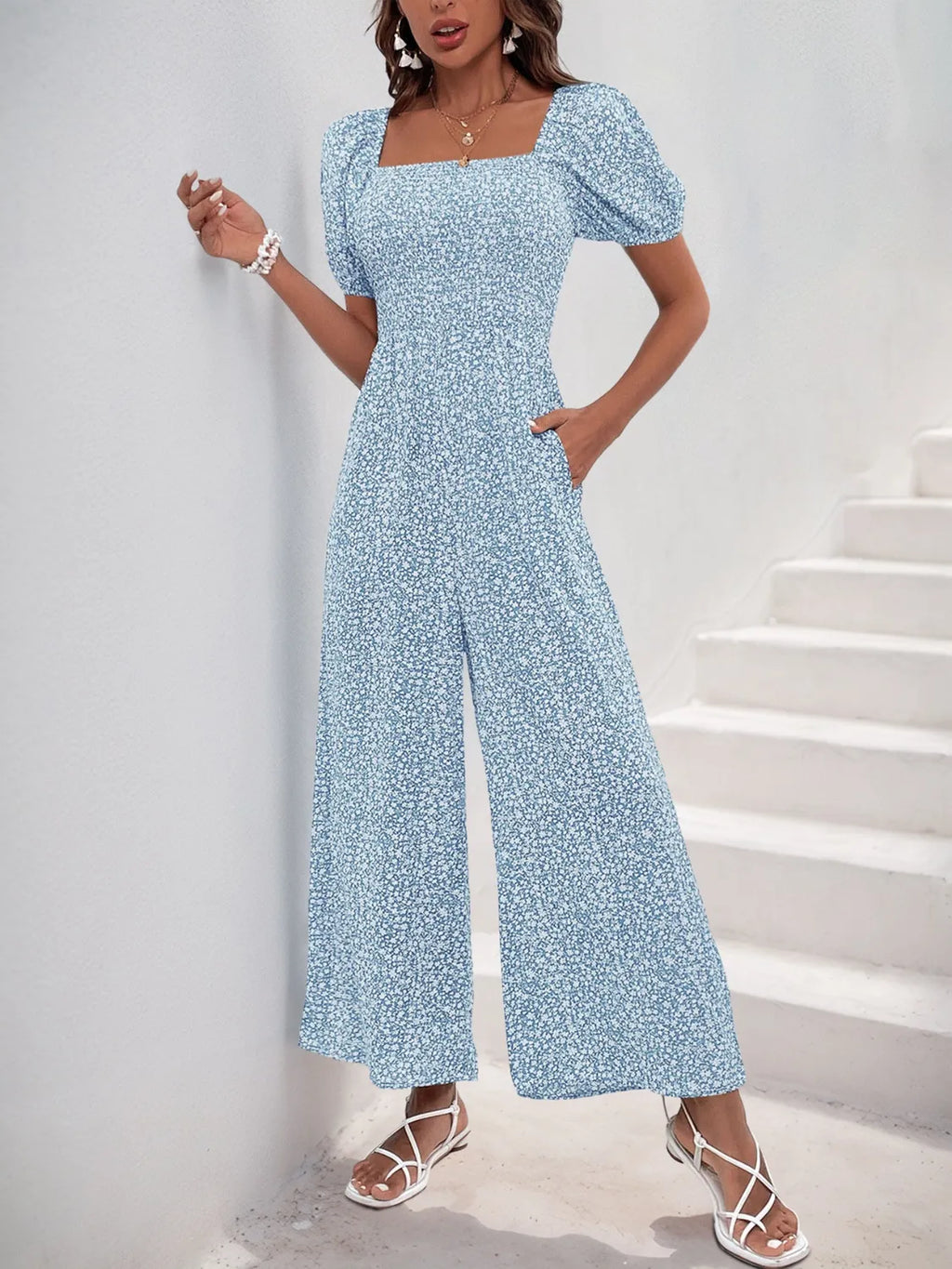 Printed Square Neck Puff Sleeve Jumpsuit - Modanista Fashion