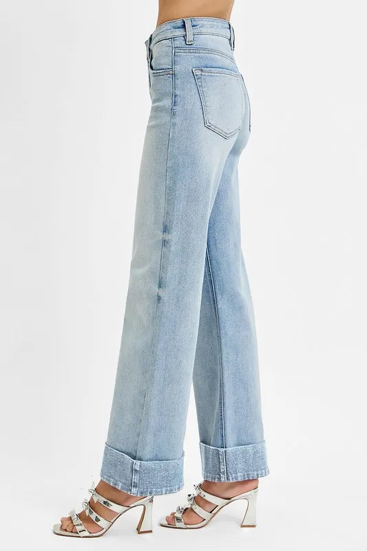 RISEN Full Size Tummy Control High Rise Ankle Wide Cuffed Jeans Plus Size - Modanista Fashion