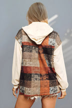 Contrast Long Sleeve Hooded Plaid Jacket for Women