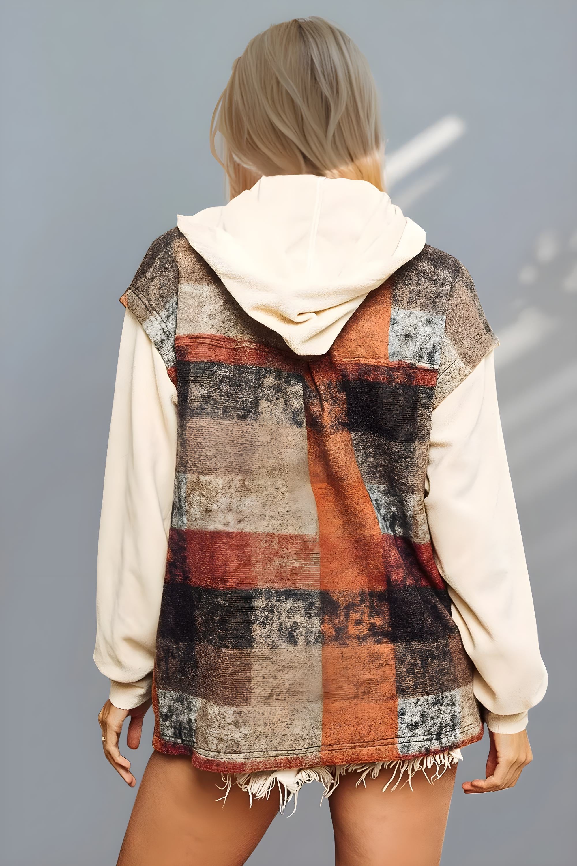 Double Take Contrast Long Sleeve Hooded Plaid Jacket