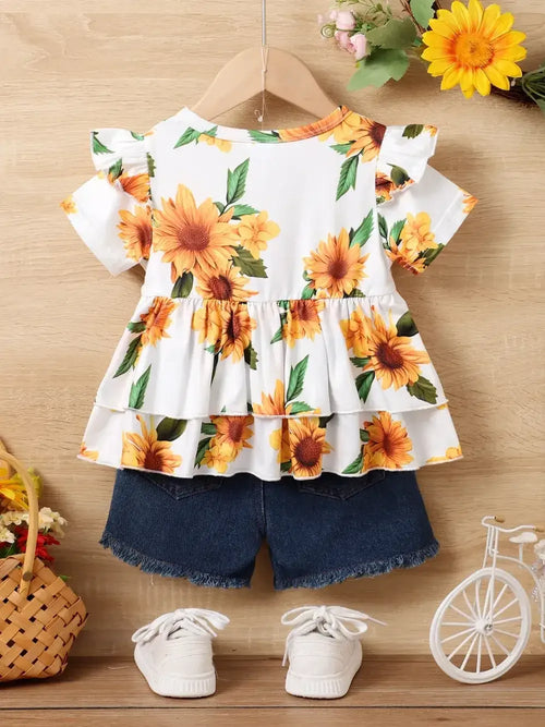 Children's Sunflower Ruffled Short Sleeve Top and Shorts Set - Modanista Fashion