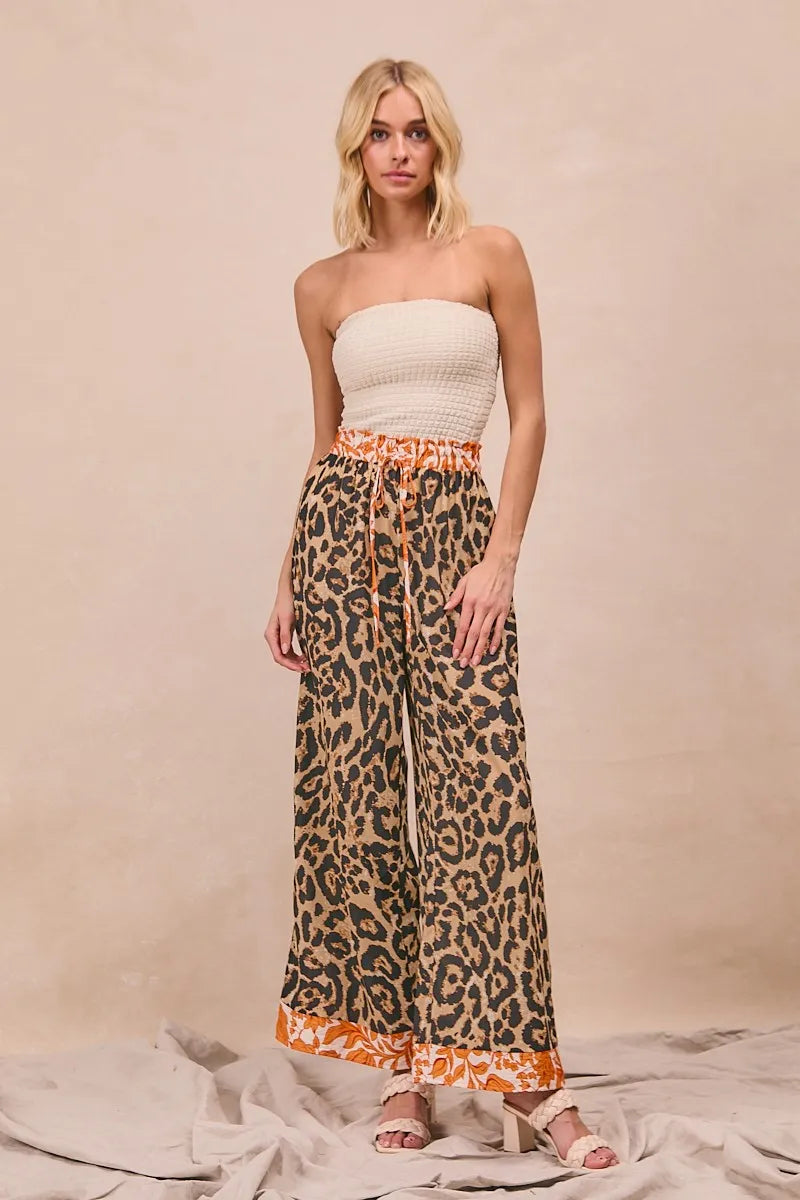 BiBi Leopard Print With Contrast Banded Wide Pants - Modanista Fashion