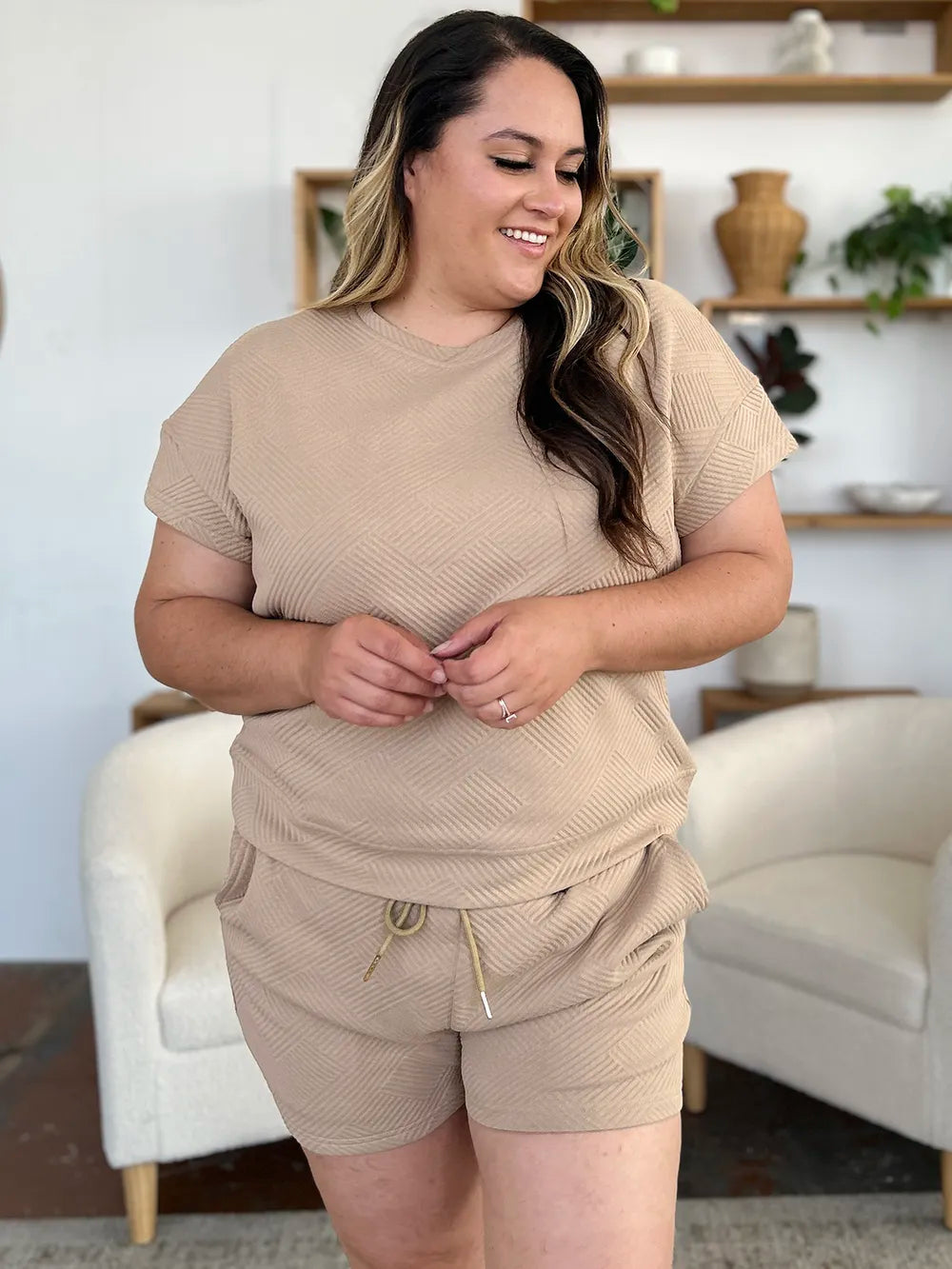 Double Take Full Size Texture Short Sleeve T-Shirt and Drawstring Shorts Set - Modanista Fashion