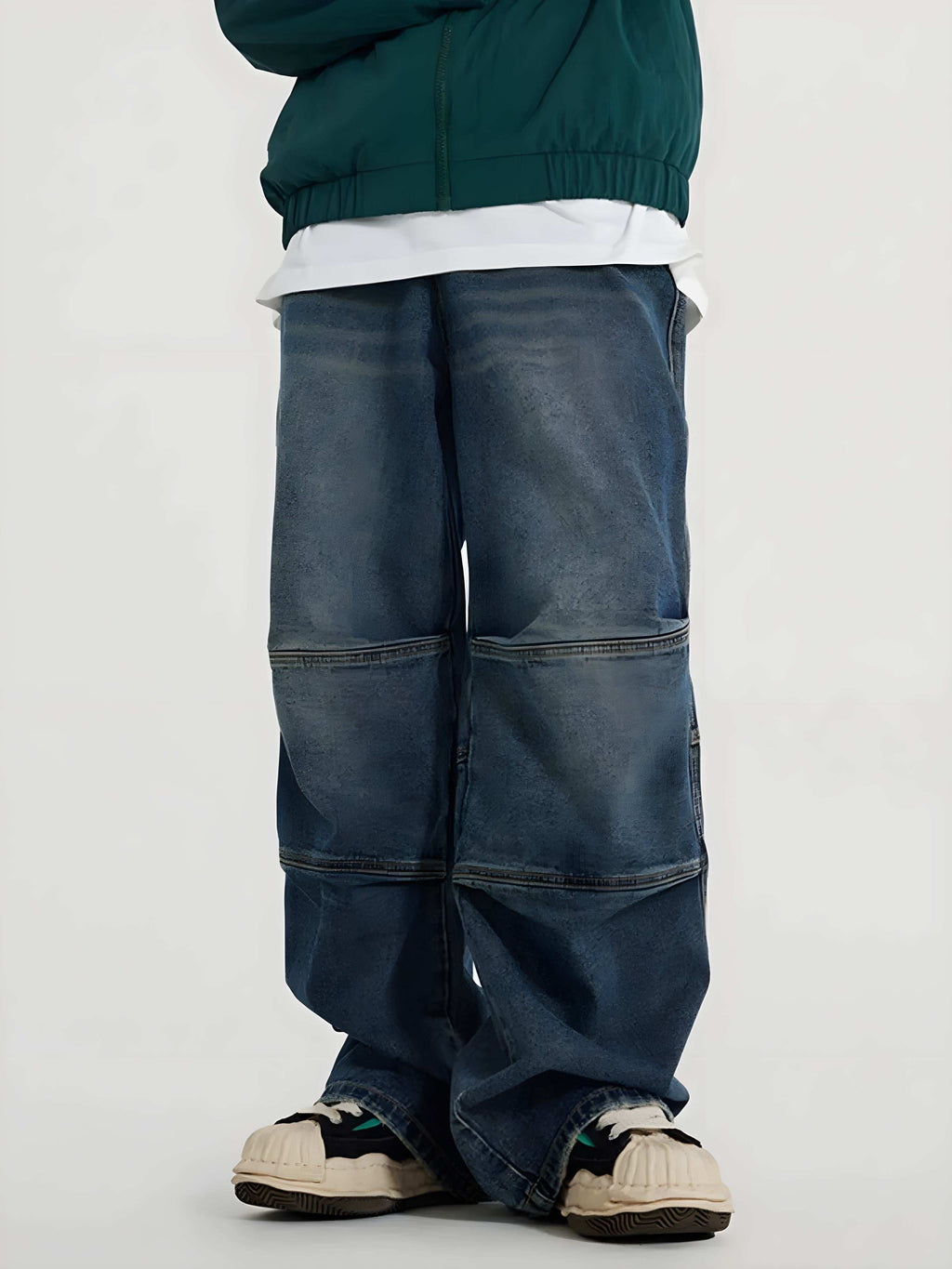 Men’s Vintage Wide-Leg Utility Jeans with Multi-Panel Design