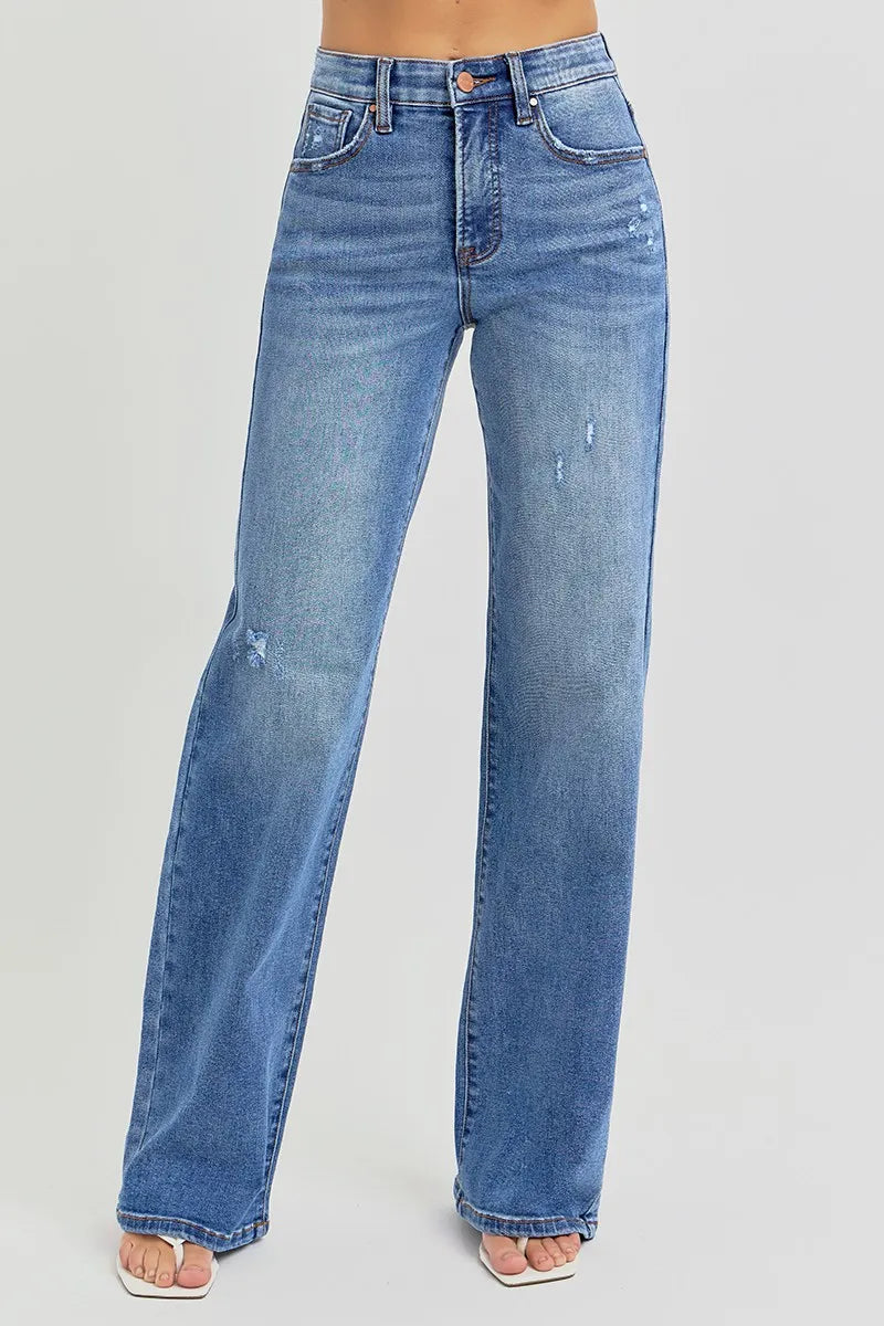 RISEN Full Size Tummy Control Elastic Band High Rise Wide Jeans Plus Size - Modanista Fashion
