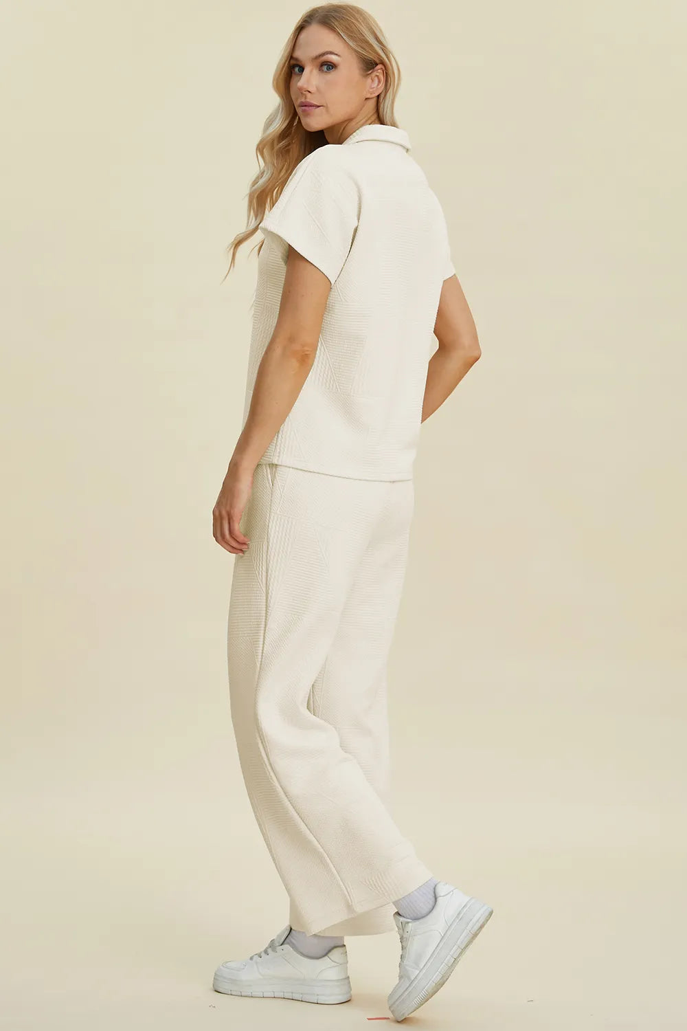 Double Take Full Size Collared Neck Short Sleeve Top and Pants Set - Modanista Fashion