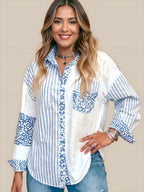 Çizgili patchwork düğmesi aşağı gömlek leopar baskı detayları