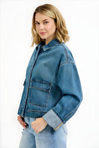 RISEN Oversized Denim Jacket with Cargo Pockets & Cuffed Sleeves