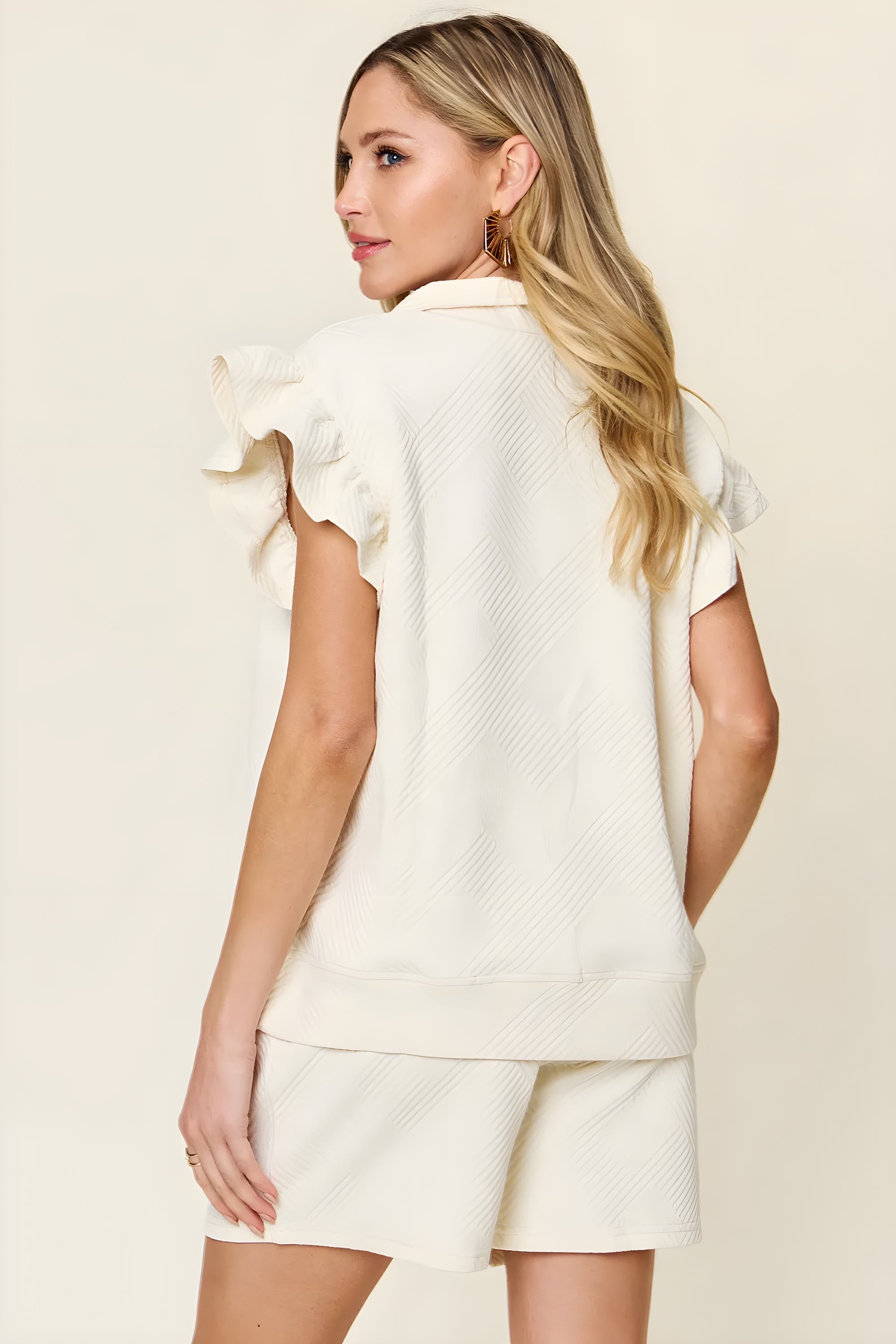 Full-Size Textured Flounce Sleeve Top & Drawstring Shorts Set