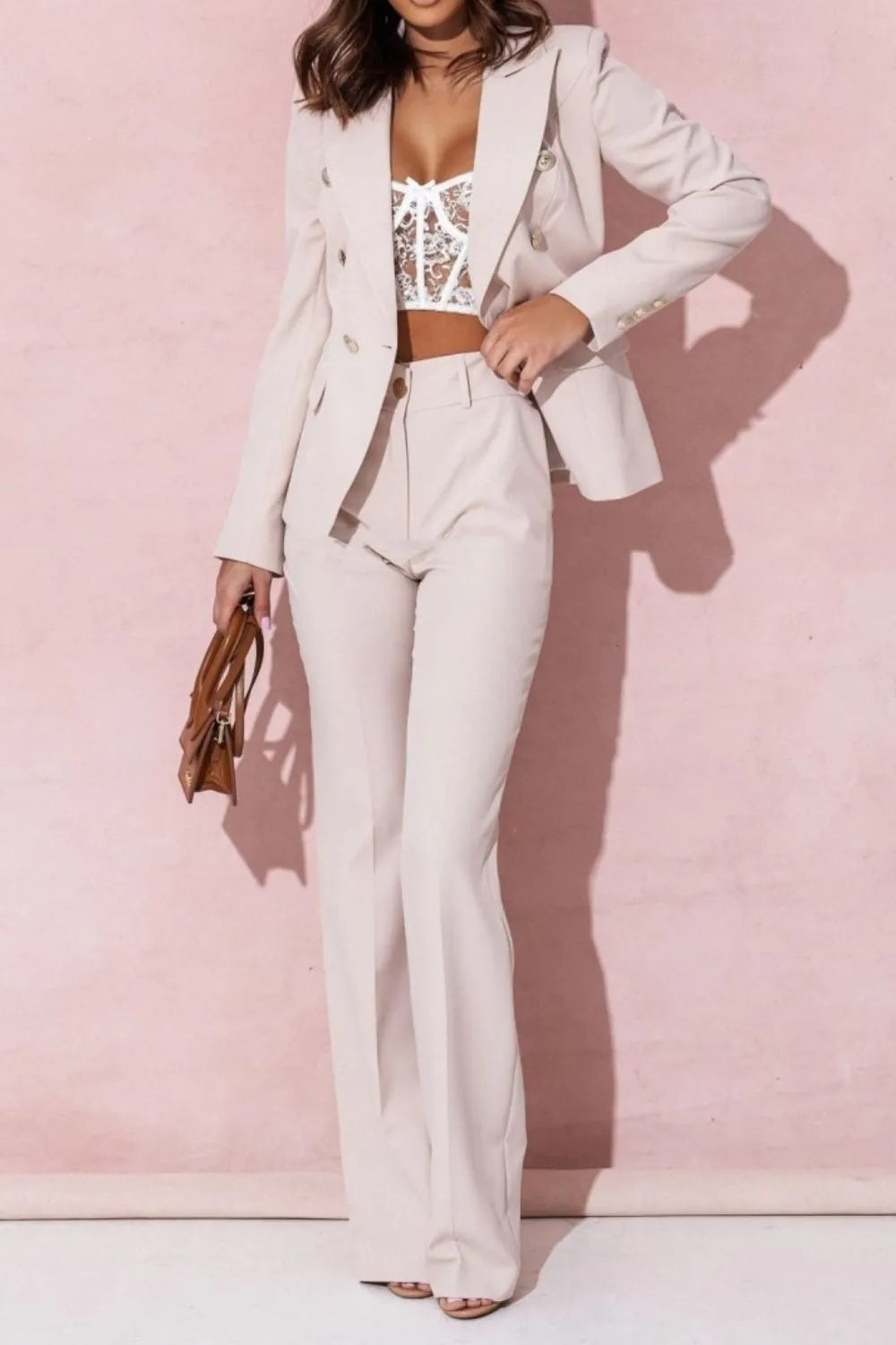 Full Size Lapel Collar Long Sleeve Blazer and Pants Set Plus Size - Modanista Fashion