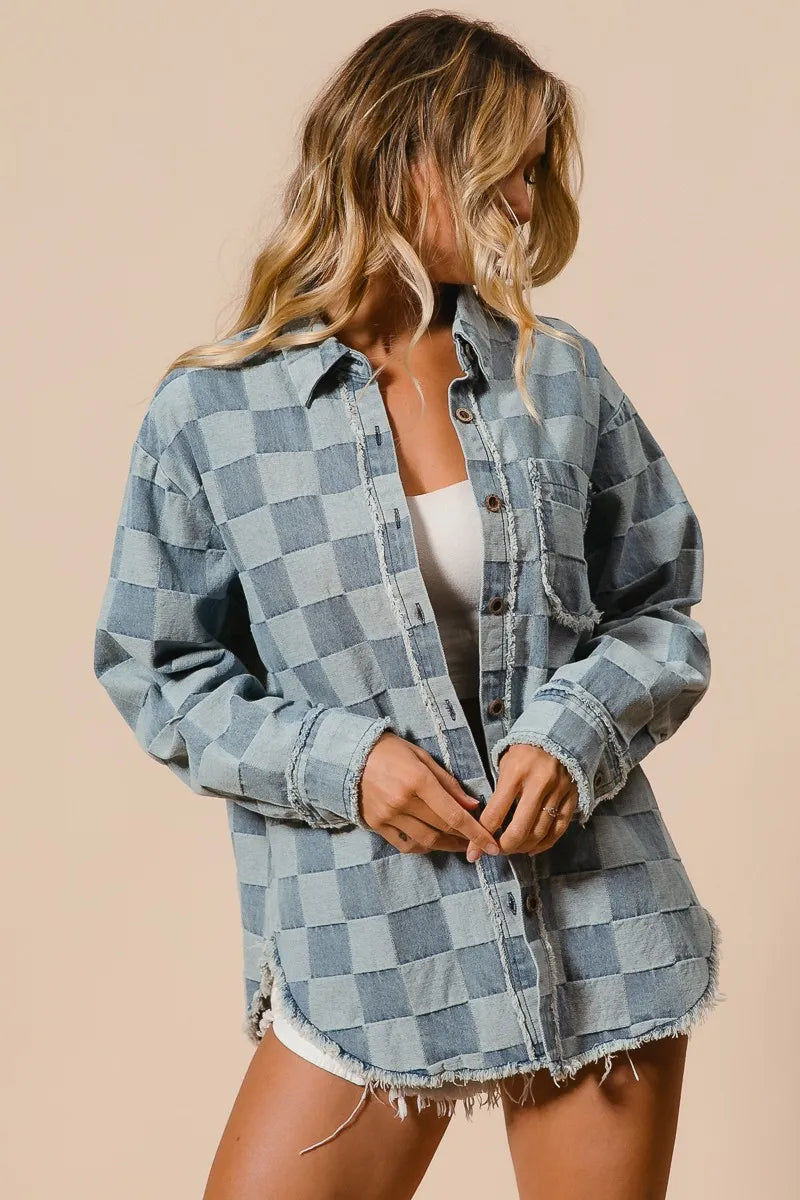 BiBi Frayed Edged Detail Washed Checker Denim Shirt - Modanista Fashion