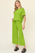 Double Take Full Size Texture Round Neck Short Sleeve T-Shirt and Wide Leg Pants - Modanista Fashion
