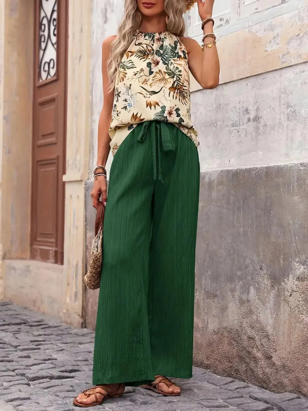 Printed Tank Top and Wide Leg Pants Set - Modanista Fashion