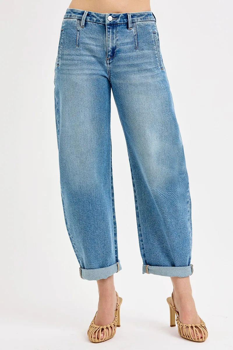 RISEN Full Size Mid Rise Fit Barrel Roll Up Jeans Plus Size - Modanista Fashion