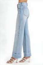 Wzrosło pełnowymiarowe sterowanie brzuchem Wysokie kostki dżinsy z mankietami plus rozmiar