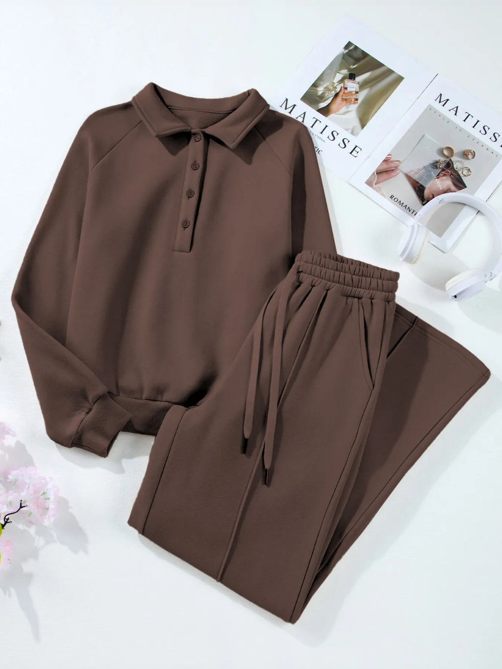 Collared Sweatshirt and High Waist Pants Active Set - Modanista Fashion