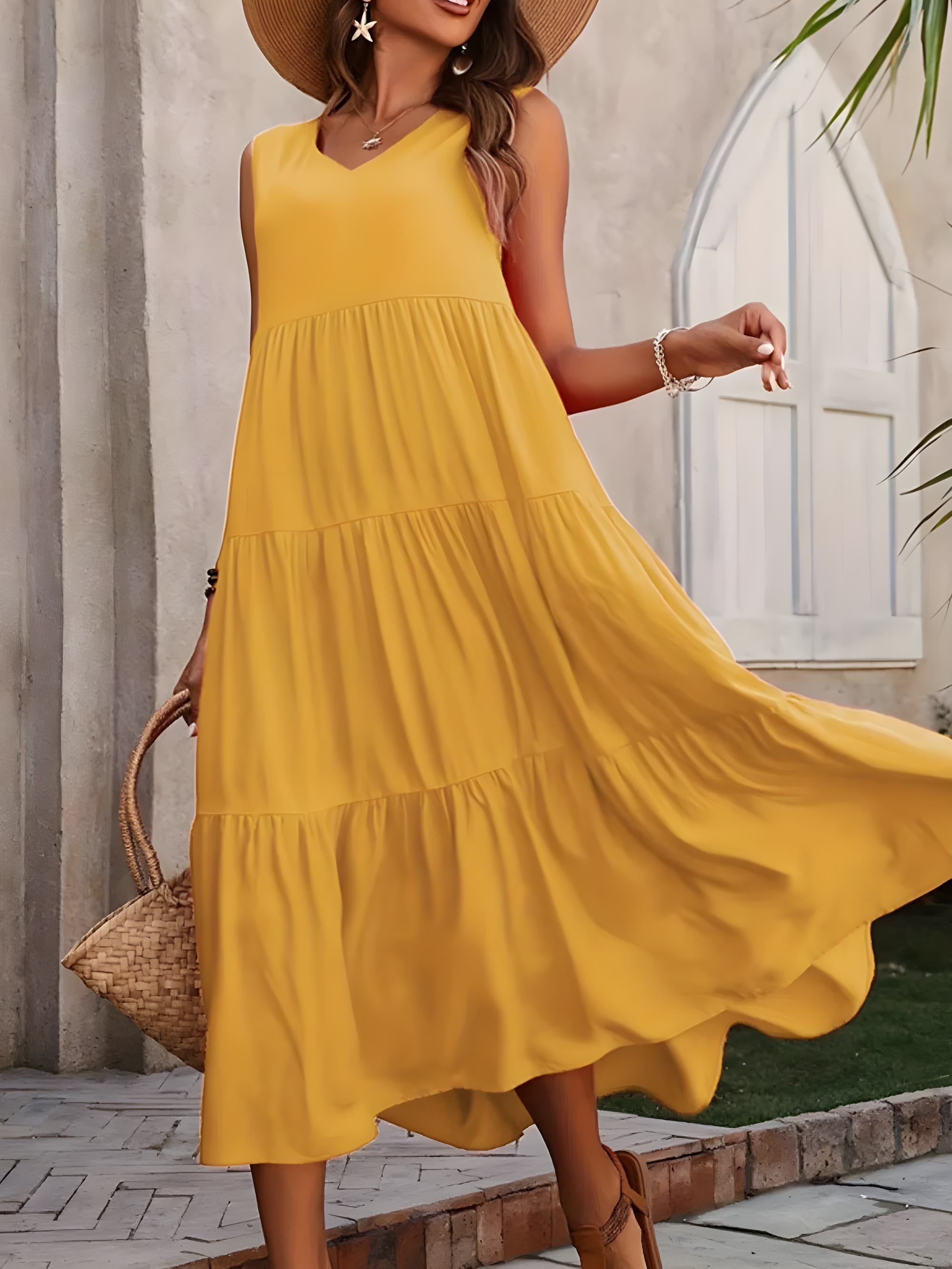 Vestido sem mangas de decote em V em camadas